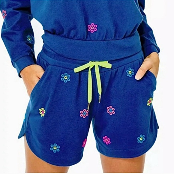 Lilly Pulitzer Pants - Lily Pulitzer Landyn Embroidered High Waisted Cotton Shorts, Navy Blue, Size L